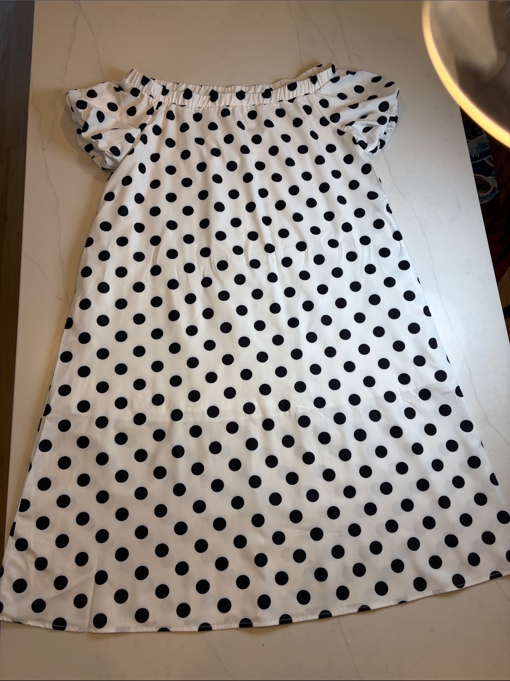 Women’s oversized White Dress with Black Polka Dots - Off-Shoulder Casual Dress